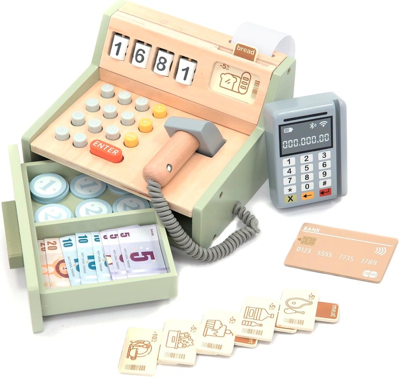 umu ® Wooden Cash Register for Kids - Includes Accessories (Scanner, Payment Terminal, Play Money, etc.), Role Play Shop & Accessories for Children Ages 3 4 5 6 - Image 1